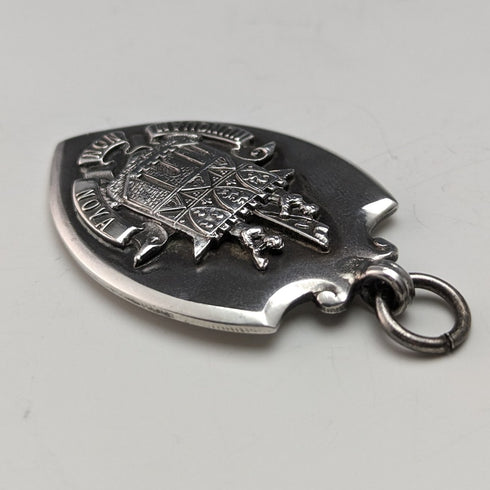 1928 British Vintage Sterling Silver Shield Fob in Fattorini & Sons Case